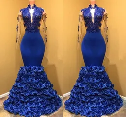 Utsökt 3d blommig formell kvällsklänningar Sheer Långärmad Royal Blue Party Dress Lace Applique Pageant Gowns Custom Made Afton Wear