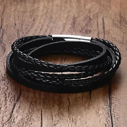 Fashion-Braided Leather Multilayer Wrap Weave Bracelets for Men Stainless Steel Magnetic Clasp Punk Cuff Bangles Jewelry S915