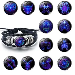 Twelve Constellations Starry Sky Armband Handgjorda Läderpar Armband Zodiac Glass Charm Armband till julklapp Gratis Frakt