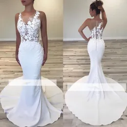 Simple Mermaid Wedding Dresses 2019 Spring Summer Sheer Neck Bridal Gowns Buttons Back Sweep Train Wedding Vestidos Cheap