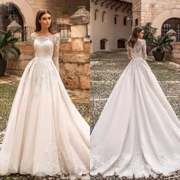 Vestidos de noiva vintage de renda BATEAU APLICADO APLICADO DE MANDAS LONGA VIOS BRIDAS SWEEN SWEEN PLUS TAMANHO DE VESTIDO DE NOVIA