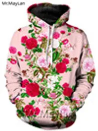 High-end lyxiga röda blommor rosor tryckta 3d jacka hoodies kvinnor / män vintage sweatshirt flickor rosa streetwear outfits
