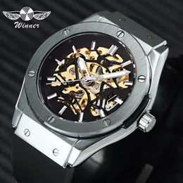 Zwycięzca Moda Męskie Zegarki Top Marka Luksusowy Automatyczny Mechaniczny Zegarek Sportowy Mężczyźni Gumowy Pasek Szkielet Dial Hip Pop Wristwatch J190706