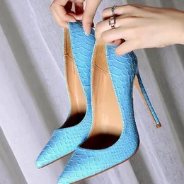 Sexy Blue Serpentine Snake Leather Shoes Pointed High Heels Women Fashion Shallow Stiletto Heel Party Pumps Women's Dress Shoes