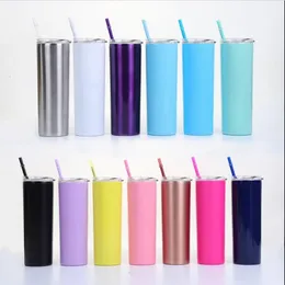 Straight Tumbler Insulated Thermos Cup Stainless Steel Skinny Cups New Vacuum Beer Coffee Mug Lids Straws 20Oz Double Layer Drinkware LT782