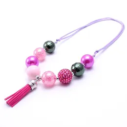 Cute Kids Adjustable Rope Necklace With Tassel Pendant Girl Children Bubblegum Chunky Beads Necklace Jewelry