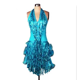 Gratis frakt 8Color Red Blue Green Adult/Girl Latin Dance Dress Sequin Tassel Salsa Tango Cha Cha Ballroom Competition Practice Dance Dress