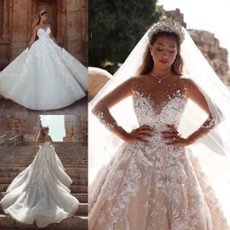 Vestidos de manga longa com miçangas, renda, apliques, pescoço transparente, vestidos de noiva, trem de varredura, vestido de casamento da igreja, robe de marie