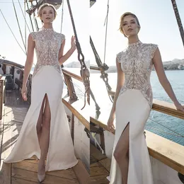 Julie Vino Sexy High Collor Wedding Dresses Illusion Front Split Mermaid Bridal Gowns Plus Size Satin Wedding Dress robes de mariée