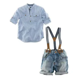 Discount Summer Baby Boys Denim Sets Clothing Blue Striped Casual Shirts+Suspender Shorts Jeans Pants 2PC Suits Costume Kids Clothes