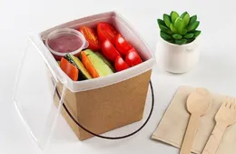 Disposable Kraft Paper Lunch Box with Handle Creative Take-out Oil Proof Snack Picnic Box Party Dinnerware