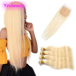 Malaysian Remy Human Hair 613# Blonde Straight 5 Pieces One Set Hair Bundles With 4 By 4 Closure Middle Three Free Part 613 Color