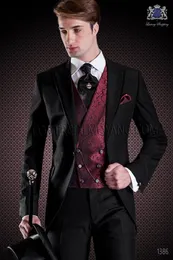 Brand New Black Groom Tuxedos Peak Lapel Groomsmen Bröllopsklänning Utmärkt Man Jacka Blazer 3 Piece Suit (Jacka + Byxor + Vest + Tie) 1659