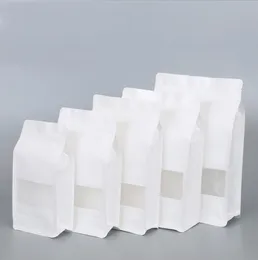 Åttkantig väska tjockna stå upp vit kraftpapper Zip väskor för kaffe nötter mellanmål teförpackning lagringsfötter med frostat fönster
