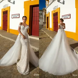 2019 Meerjungfrau-Brautkleid mit abnehmbarer Schleppe, Spitze, 3D-Blumenapplikation, Reißverschluss hinten, Boho-Brautkleid, Sweep-Zug, Brautkleider in Übergröße