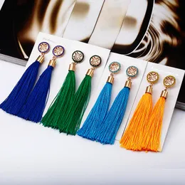 Lyx Bohemian Long Fringe Tassel Örhängen för Kronor Kristall Etnisk Geometrisk Tyg Blomma Utsättning Dangle Drop Earrings Mode Smycken