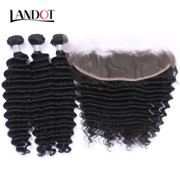 Koronkowe zamknięcia czołowe z 3 wiązki głębokie fala kręcone ludzkie włosy splatające brazylijski peruwiański Malezyjski Indian Virgin Remy Hair Can Bleach Dye