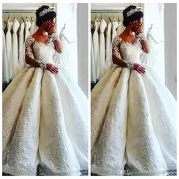 Elegant White Jewel Sheer Ball Gown Wedding Dresses Long Sleeves Lace Appliques Bridal Gowns Luxurious Beaded Vestidos De Marriage Formal