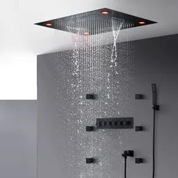 Bagno Rubinetto doccia nero Set doccia termostatica Miscelatore vasca da bagno Soffitto di lusso LED Grande sistema di soffione a cascata a pioggia 600 * 800MM