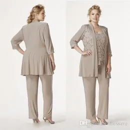 Vintage Szampan Szary Trzy Kawałki Matki panny Młodej Plus Size Koronki Szyfonowa Matka Dresse Formalne Wear Pant Suit