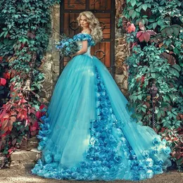Handgefertigte, schulterfreie Quinceanera-Kleider mit Blumen, blaues Maskerade-Partykleid, Sweep-Zug, Ballkleider, Prinzessin Sweet 16