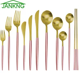 Jankng 6pcs rosa guld rostfritt stål dinnerware sätter gafflar knivar ätpinnar lite sked för kaffe köksbordsparty tillbehör