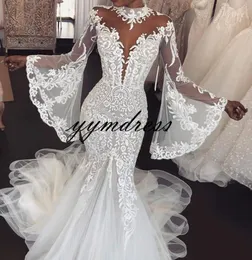 Beach Mermaid Bröllopsklänningar 2019 High Neck Sheer Långärmad Lace Appliques Bridal Wedding Gowns Vestido de Novia