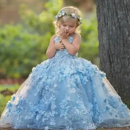 결혼식을위한 사랑스러운 블루 꽃 소녀 드레스 V 넥 비즈 수제 꽃 유아 선발 대회 드레스 층 길이 공주 파티 드레스
