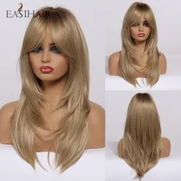 Easihair Brown till blond ombre kvinnor peruk med lugg medellängd syntetiska peruker skiktat naturligt hår peruk cosplay värme resistent5307760