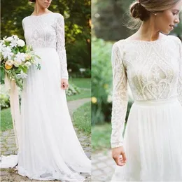 2019 Abiti da sposa bohémien country Applique in pizzo Abiti da sposa smerlati Maniche lunghe Sweep Train Boho A Line Abito da sposa robe de mari￩e