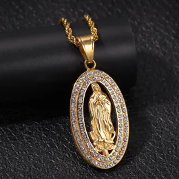 Novos caras ouro banhado aço inoxidável bling diamante Virgem Mary Chain de colar oval para homens e mulheres Hip Hop Bijoux Jewelry Gifts