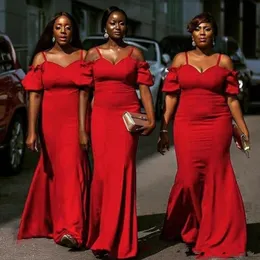 Plus Size Red Bridesmaid Dresses African Spaghetti Straps Short Sleeves Maid Of Honor Gowns Mermaid Satin Wedding Guest Dress Cheap