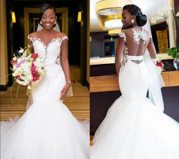 New Arrival African Mermaid Wedding Dresses 2019 Illusion Backless Applique Lace Court Train Mermaid Bridal Dress Wedding Gowns Plus Size