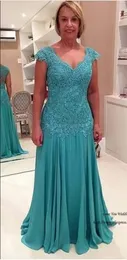 Plus Size Turquesa Mãe da Noiva Vestidos Cap Manga Lace Groom Mãe Vestido Longo Especial Ocasião Vestidos de Noite Vestido