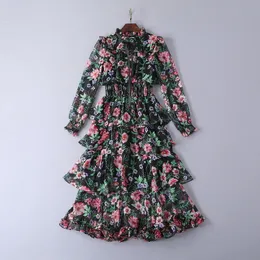 Runway Dresses European and American Women's Spring New Style Long Sleeve Collar Floral Print the Cake Puts the Dress of Temperament