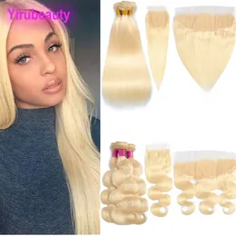 Brasilianskt jungfru hår 613 färg raka 3 buntar med 4x4 spetsstängning kropp våg bunt 13x4 spets frontala peruanska mänskliga hår blondin