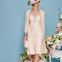 Abiti per la madre della sposa vintage con guaina in pizzo plus size formale maniche 3/4 al ginocchio collo trasparente applique madre D307b