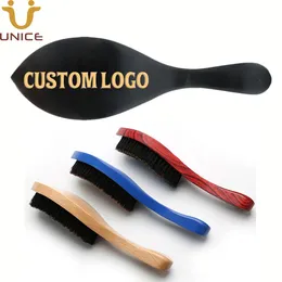 MOQ 100 st Custom Logo Premium Wave Beard Borstar med Boar Bristle Black / Red / Blue / Wooden Curved Handle Men Grooming Brush