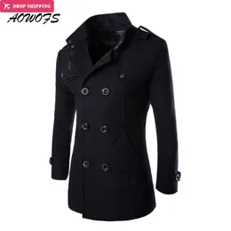 AOWOFS Зимние мужские шерстяные Пауты Черные мужские пальто с короткими траншею Пальто мужской двубортный шерстяной смеси бренда одежда
