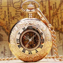 Classico Steampunk Gold Rose Gold Orologio tascabile meccanico Orologio unisex Numeri romani Skeleton Clock Chain Reloj de Bolsill