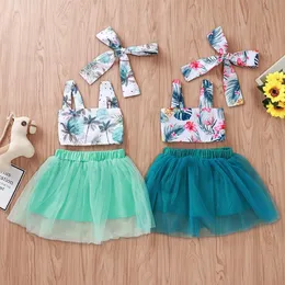 Kids Clothing Sets Flower Coconut Tree Printed TUTU Tulle Skirt Suits Infant Summer Slip Skirts Baby Girls Princess Skirt Headband YP196