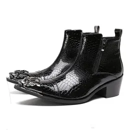 Toe Zip Pointed High Heels Man Metal Tipped Riding male paty prom shoes Patent Leather Alligator Men s Punk Rocker Ankle