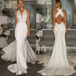 2019 Sexy Deep V Neck Mermaid Wedding Dresses Satin Cross Belt Open Back Beach Boho Bridal Gowns Ruched Sleeveless Dress