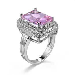 LuckyShien Handmade 925 Silver Plated Delicate Huge Square Pink Topaz Crystal, Rhinestone Rings Fashion Popular Ring Jewelry Lover's Rings