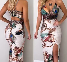 Women Peacock Feather Print Thigh Slit Slip Dress Maxi Dress Party Summer Bodycon Dress V Neck