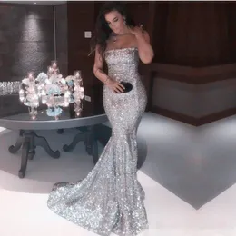 Gold Pailletten Silber Elegante Abendkleider Meerjungfrau Trägerlos Sweep Zug 2019 Maßgeschneiderte Plus Size Abendkleid Formale Gelegenheitskleidung