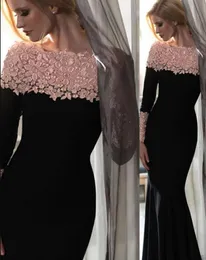 2018 elegant black and pink evening formal Dresses Sexy Bateau neck lace Custom Made Mermaid prom gowns long sleeves Prom Party Dresses