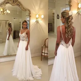 New Sexy Modest Country Wedding Dresses Cheap Illusion Deep V Neck Backless Lace Appliques Sleeveless Sweep Train Beach Boho Bridal Gowns