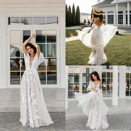 Bohemian 2020 Kraj Dress Wedding Va Neck Lace Aplikowany Vestido de Noiva Plus Size Beach Boho Linia Suknie Ślubne Suknie Ślubne