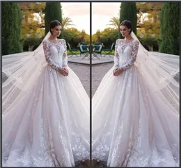 White A Line Sheer Long Sleeve Beach Wedding Dress Crystal Bridal Gowns 2019 New Country Vestido De Novia Princess Wedding Gowns Free Veil